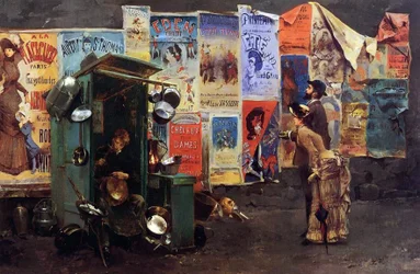 Plakate an einer Wand und ein Mann, der Metalltöpfe repariert, 1882